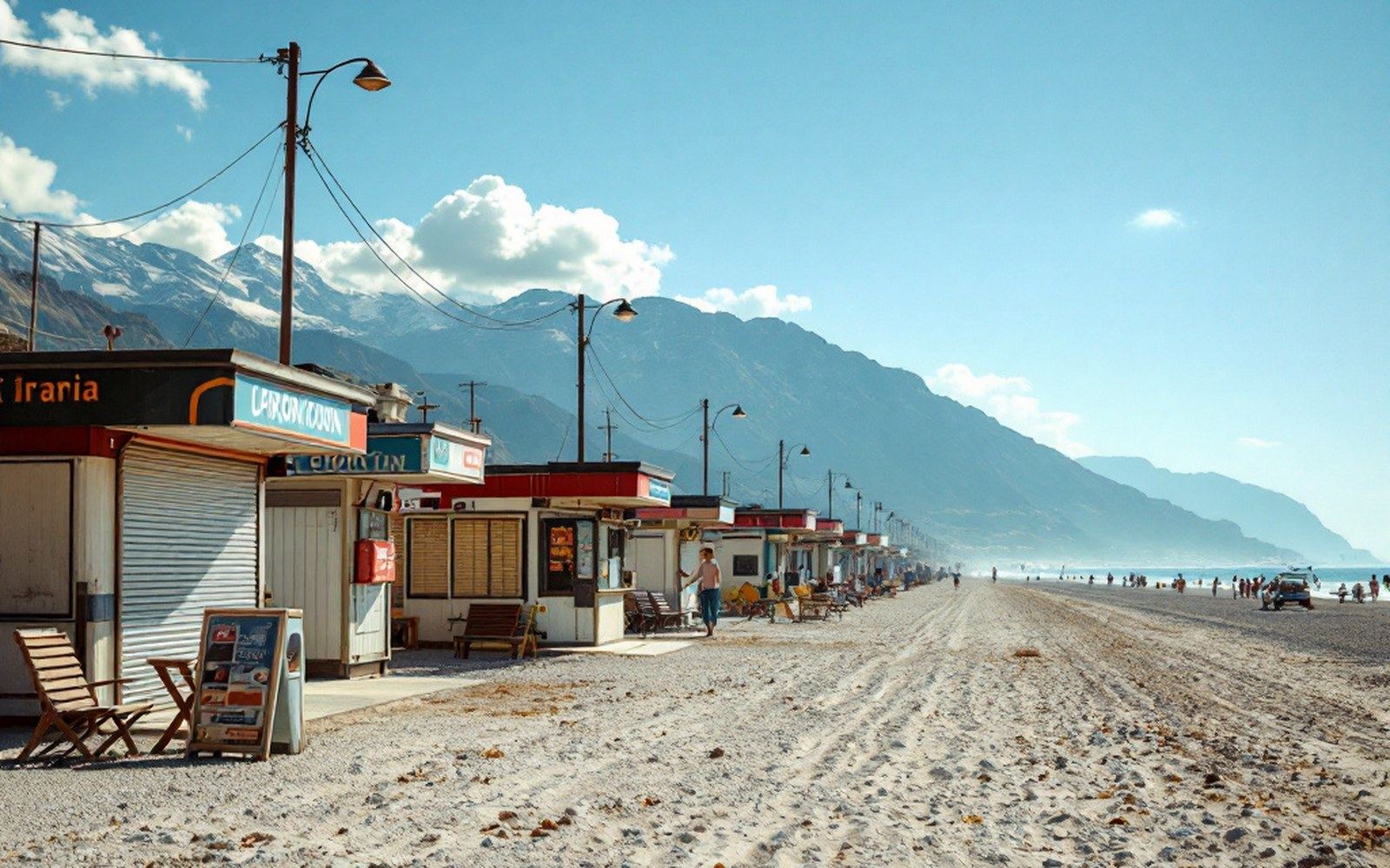 An Adriatic seafront out of season, shuttered kiosks and empty sand
