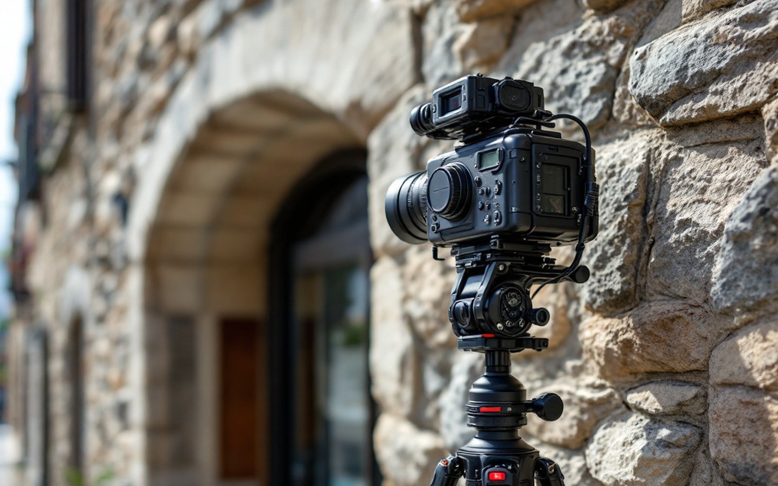 A camera housing mounted above a street entrance against a stone wall