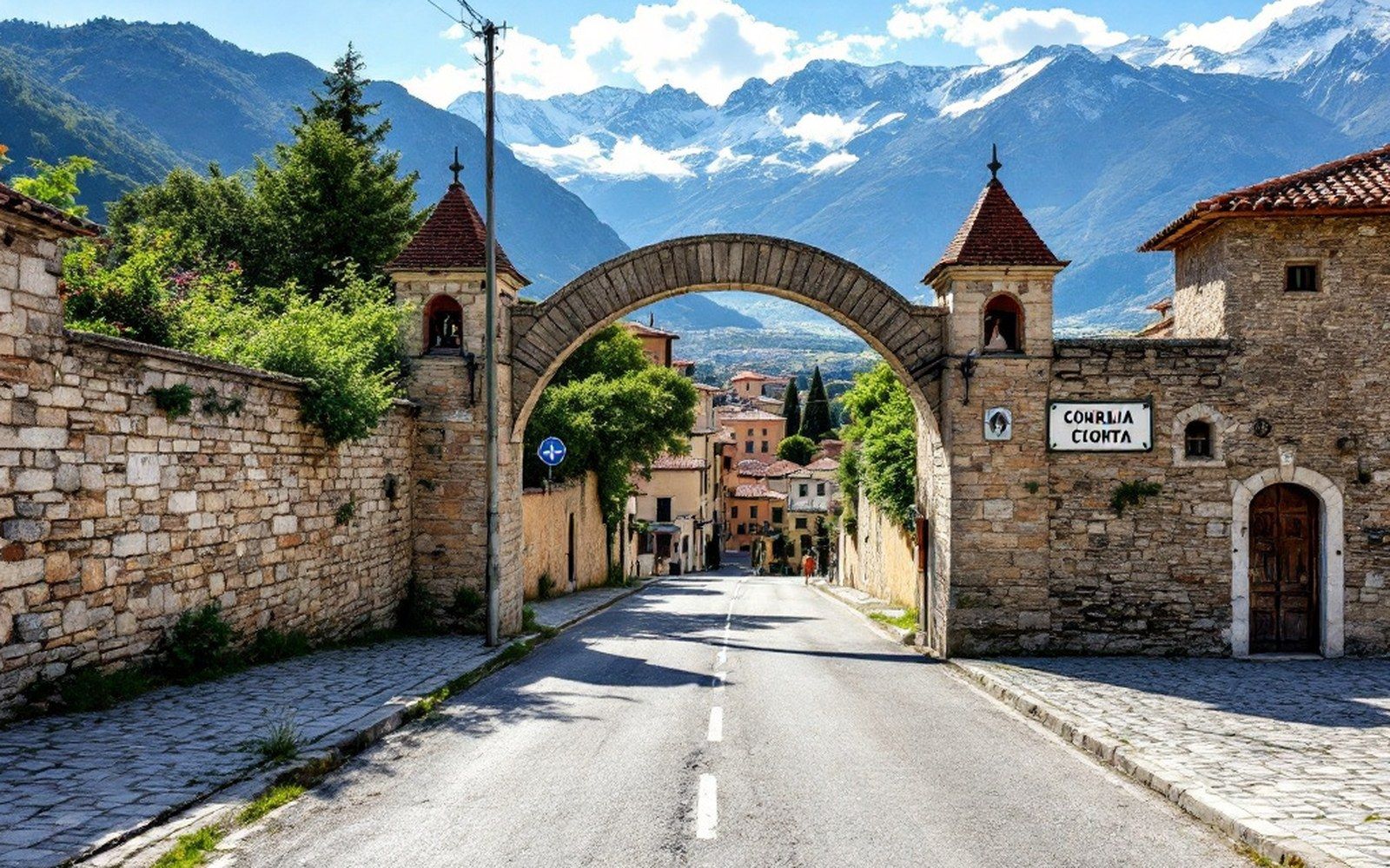 An open street entrance to a walled town with no barrier, sign on the wall