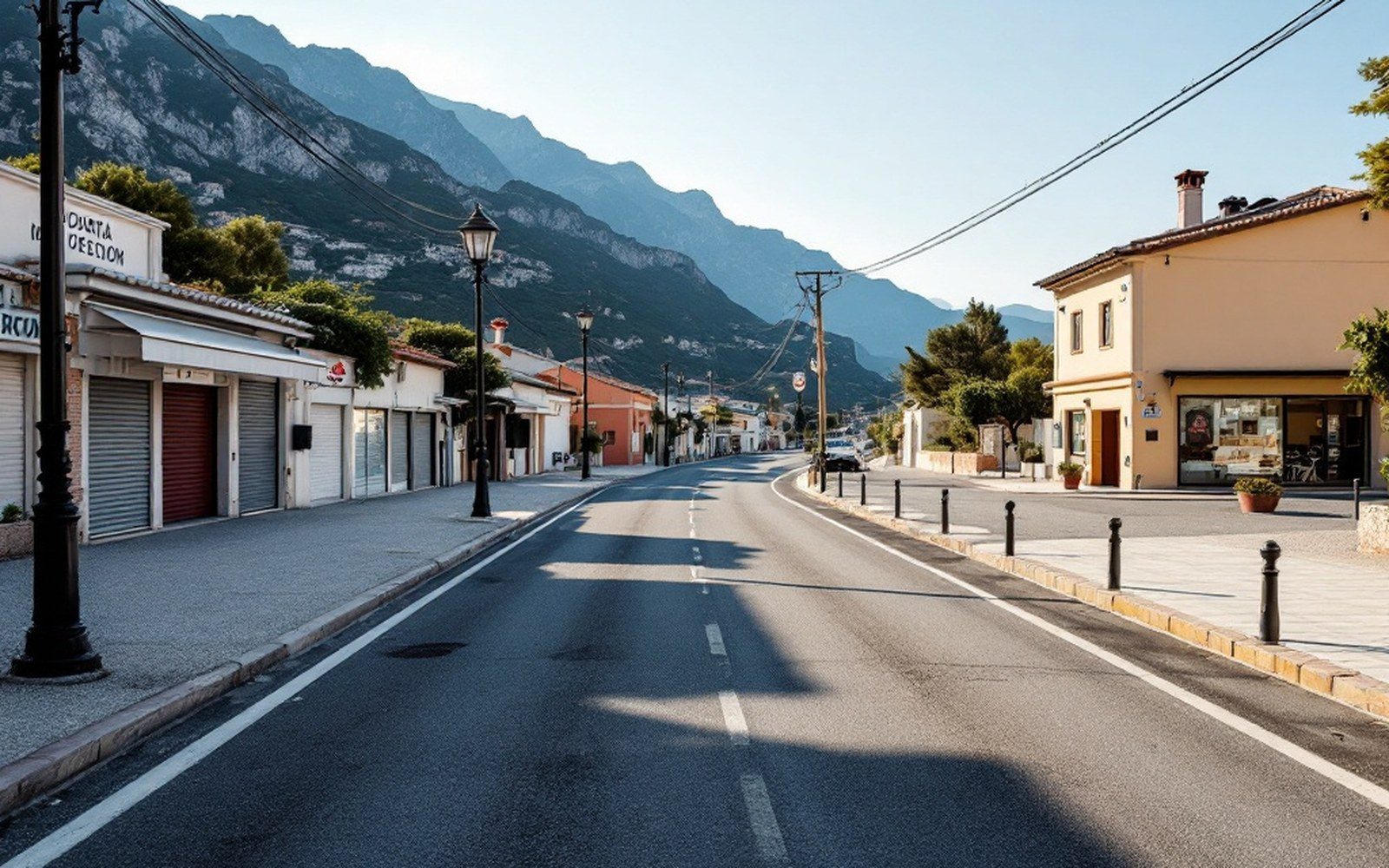 A coastal road out of season with closed shopfronts and empty parking