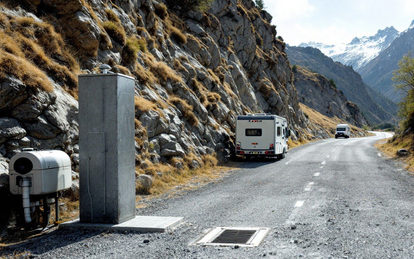 A gravel service area with a water column and drainage grate, camper alongside