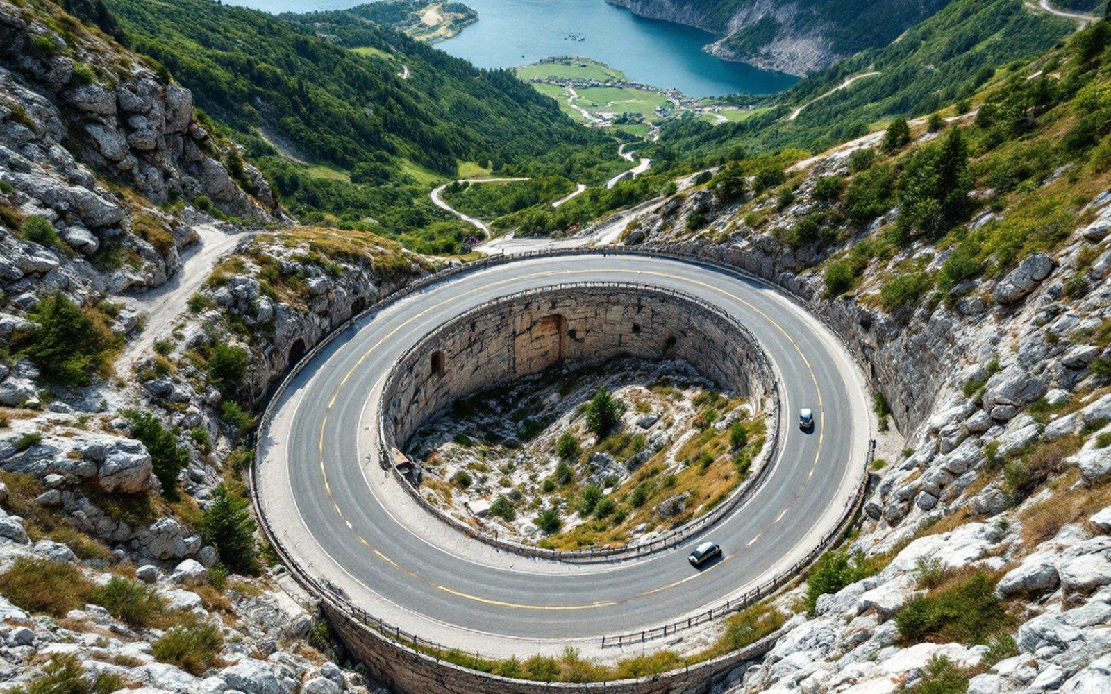 A tight hairpin bend on a mountain road seen from above