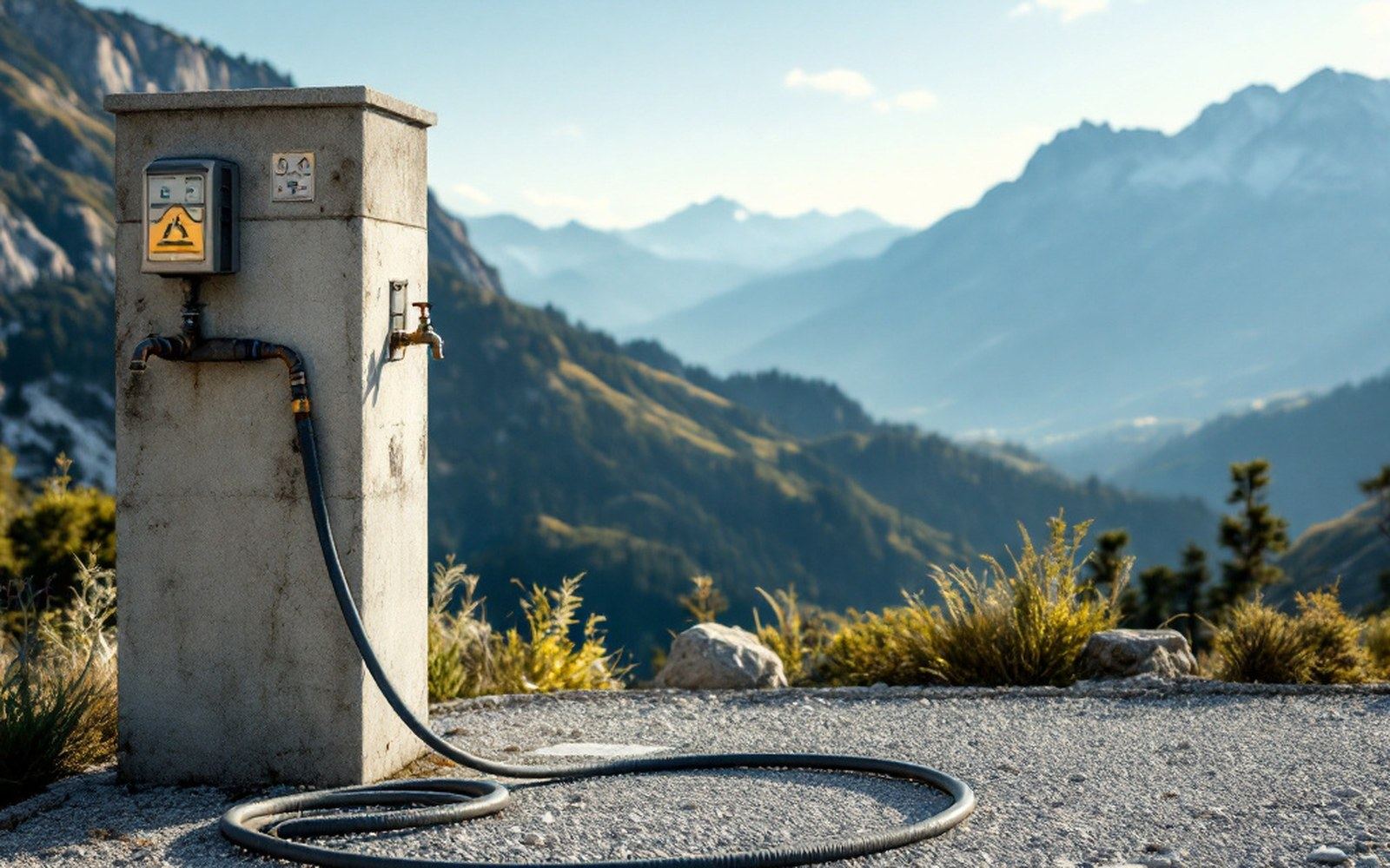 A concrete service column with taps and a hose on a gravel apron