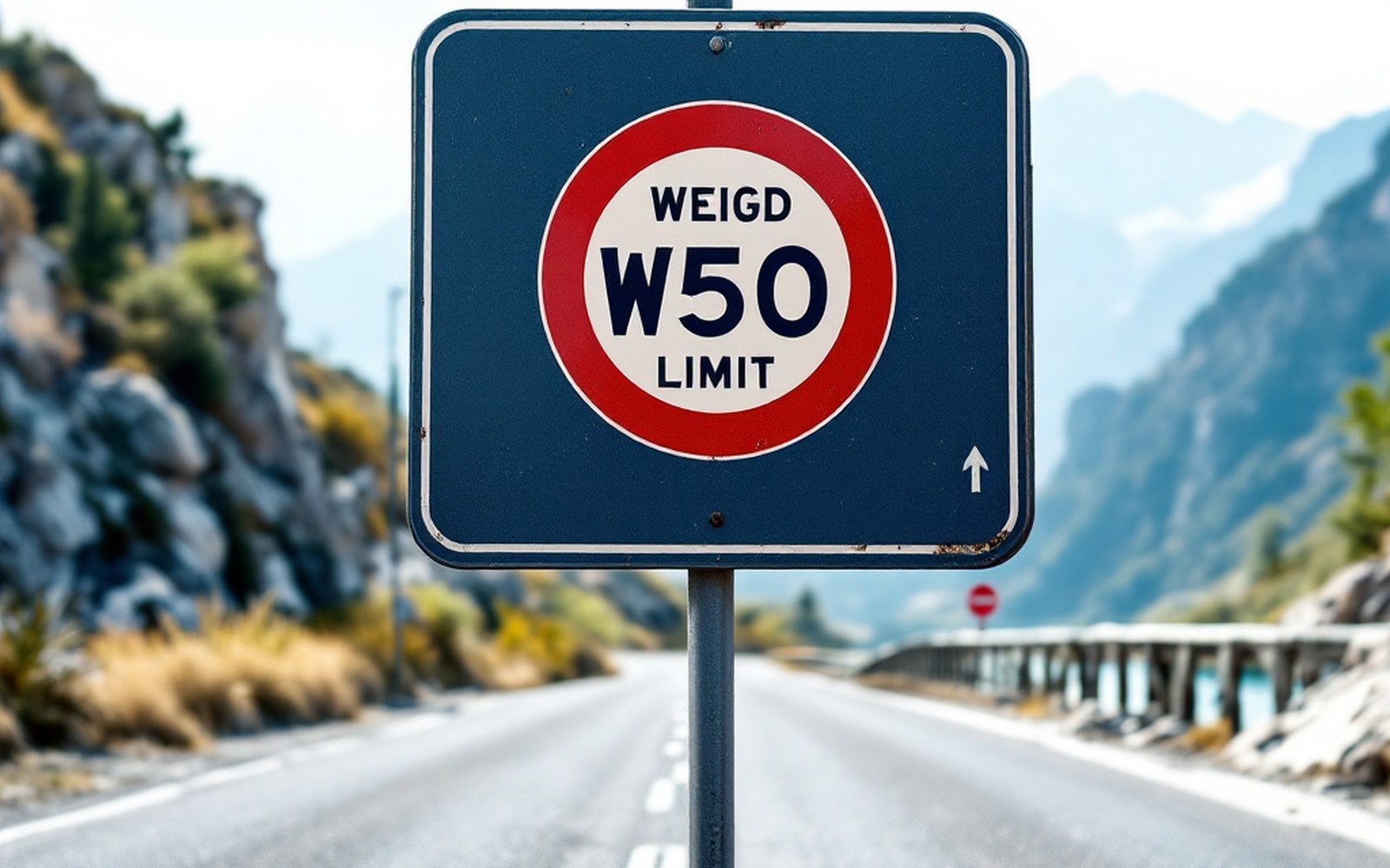 A road sign showing a weight limit at a narrow bridge approach