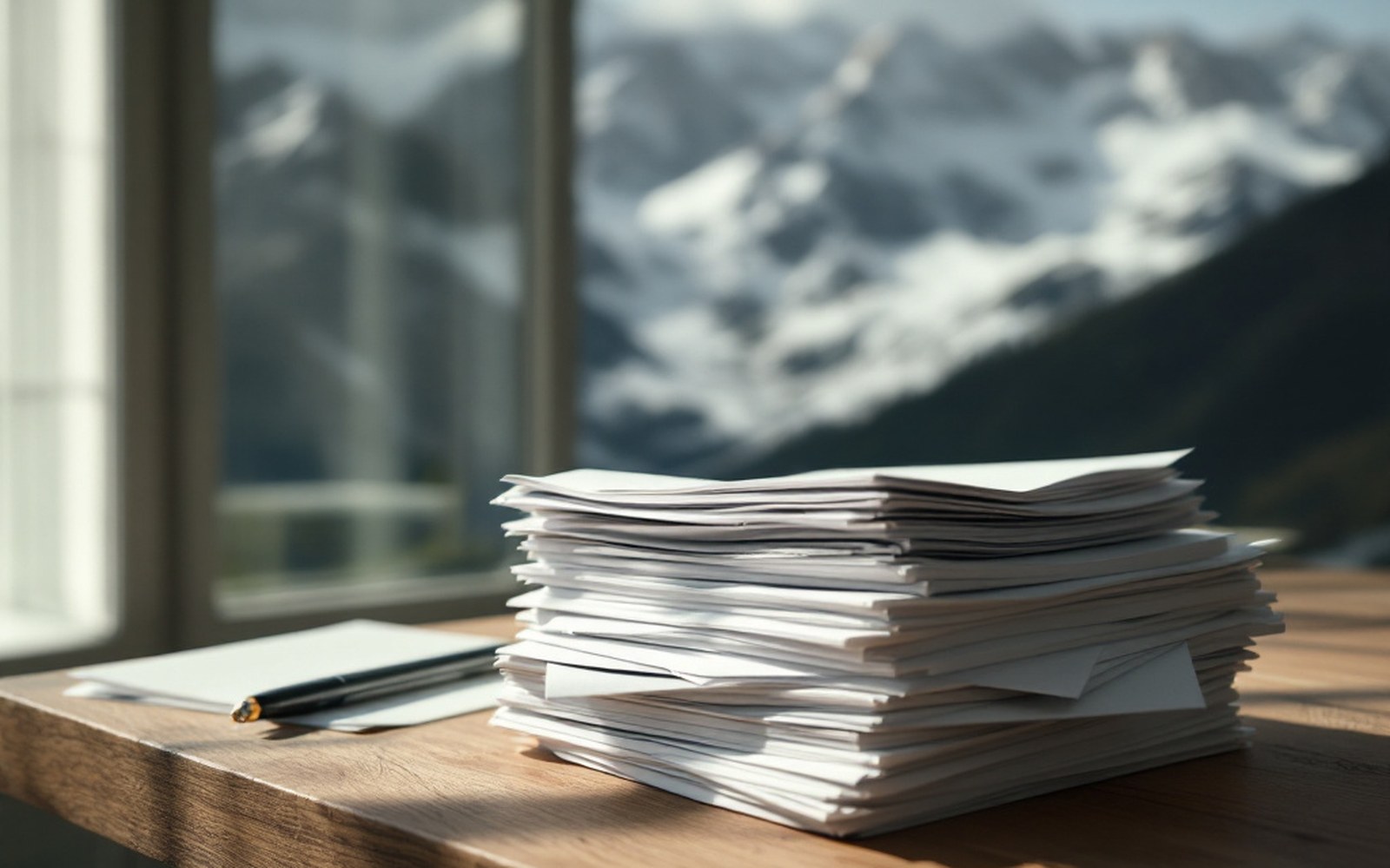 A stack of unopened post on a kitchen table