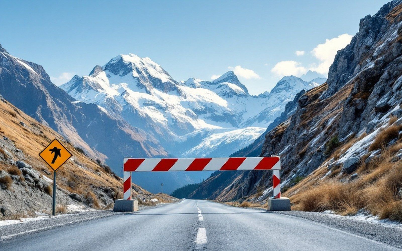 A closed road barrier across a mountain road with snow behind