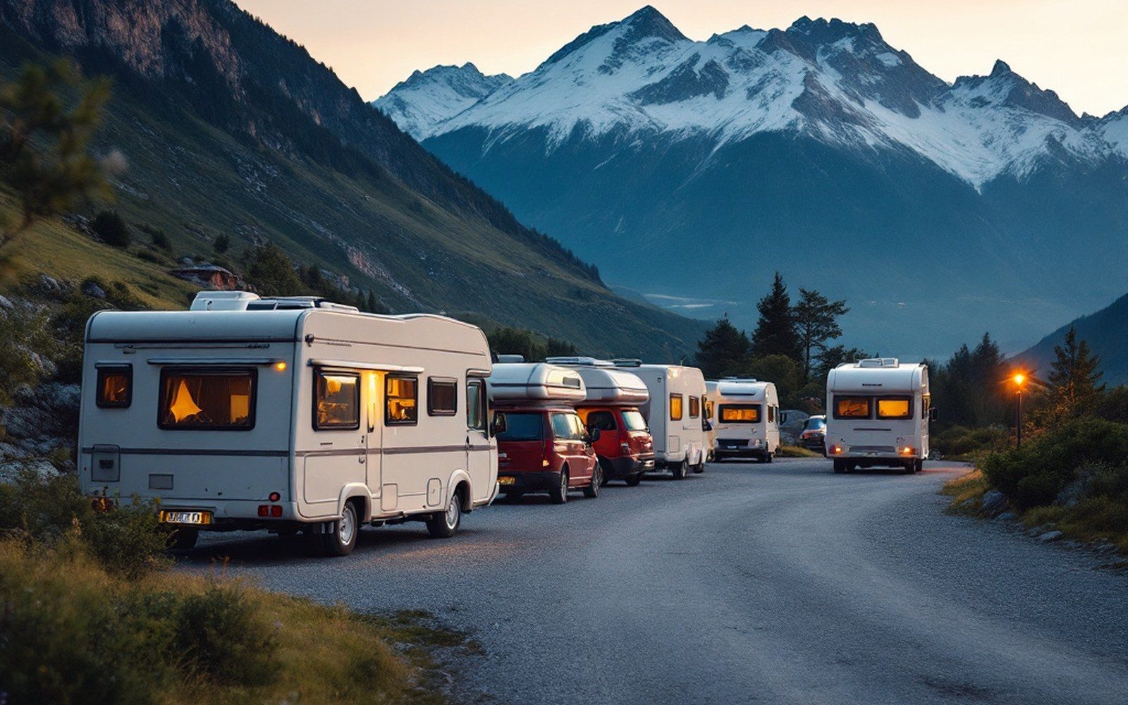 Campers parked along the edge of a large car park at dusk