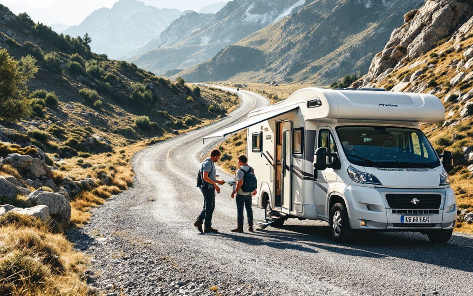 Two people working the service column on a gravel sosta, a camper alongside with its hatches open